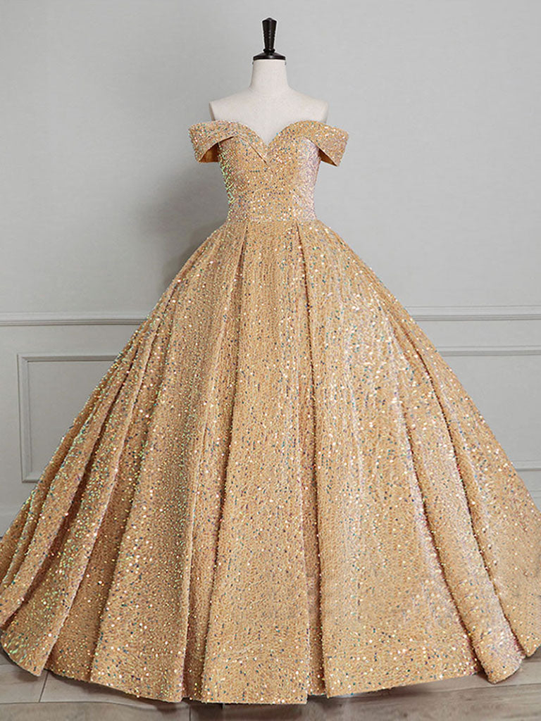 Glitter Gold Ball Gown Off The Shoulder Quinceanera Dress Formal Dress - DollyGown
