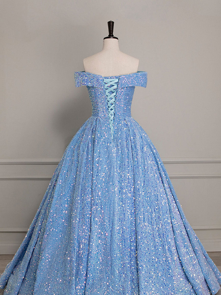 Sparkly Light Blue Off The Shoulder Sequins Ball Gown Prom Dress - DollyGown