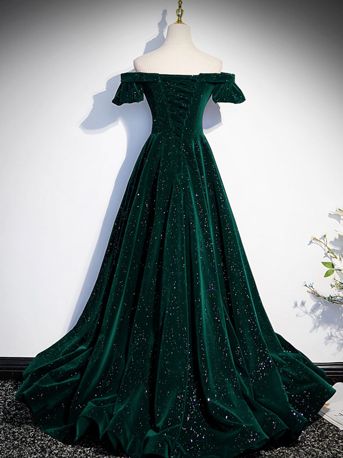 Classic Off the Shoulder Emerald Green Velvet Prom Dress Graduation Dress - DollyGown