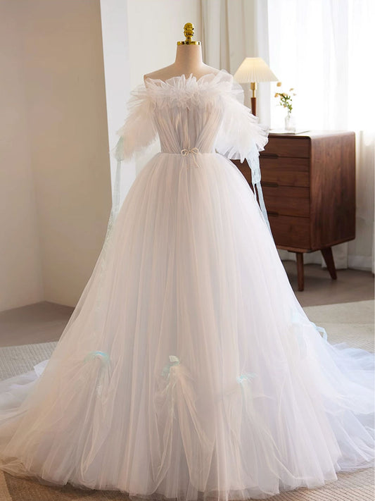 Princess Straplesss Tulle White Wedding Dress - DollyGown
