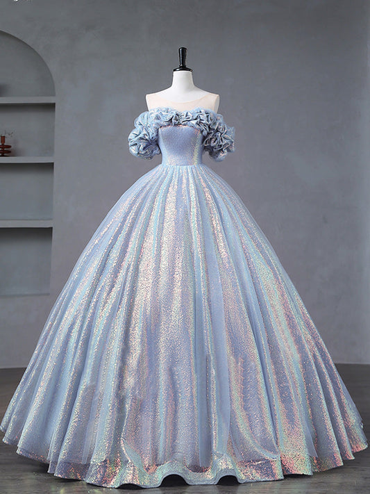 Illusion Creased Off The Shoulder Light Blue Ball Gown Quinceanera Dress - DollyGown