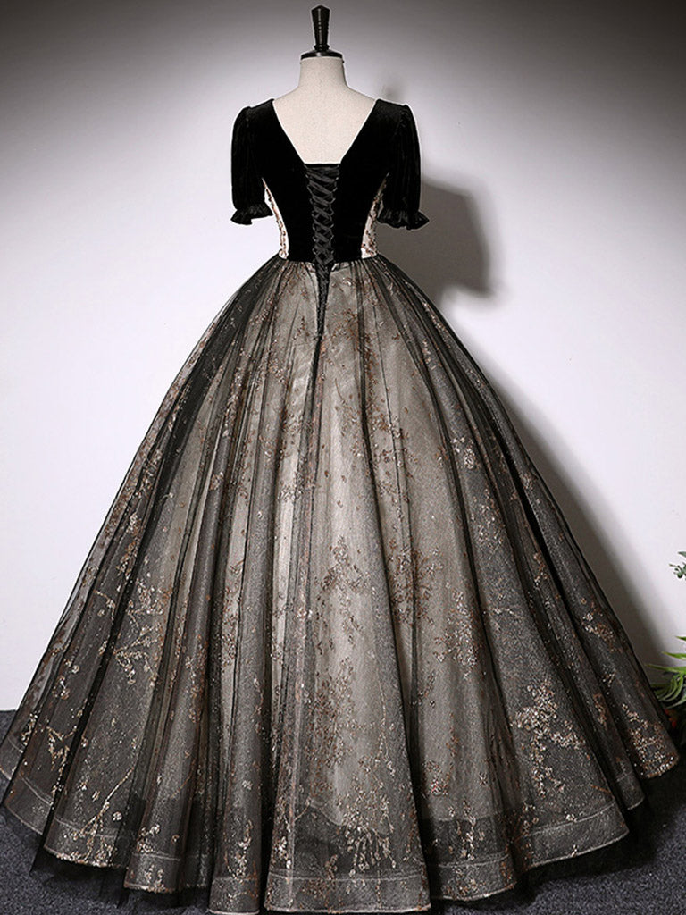 Black Half Sleeved Masquerade Ball Gown Quinceanera Dress Prom Dress - DollyGown