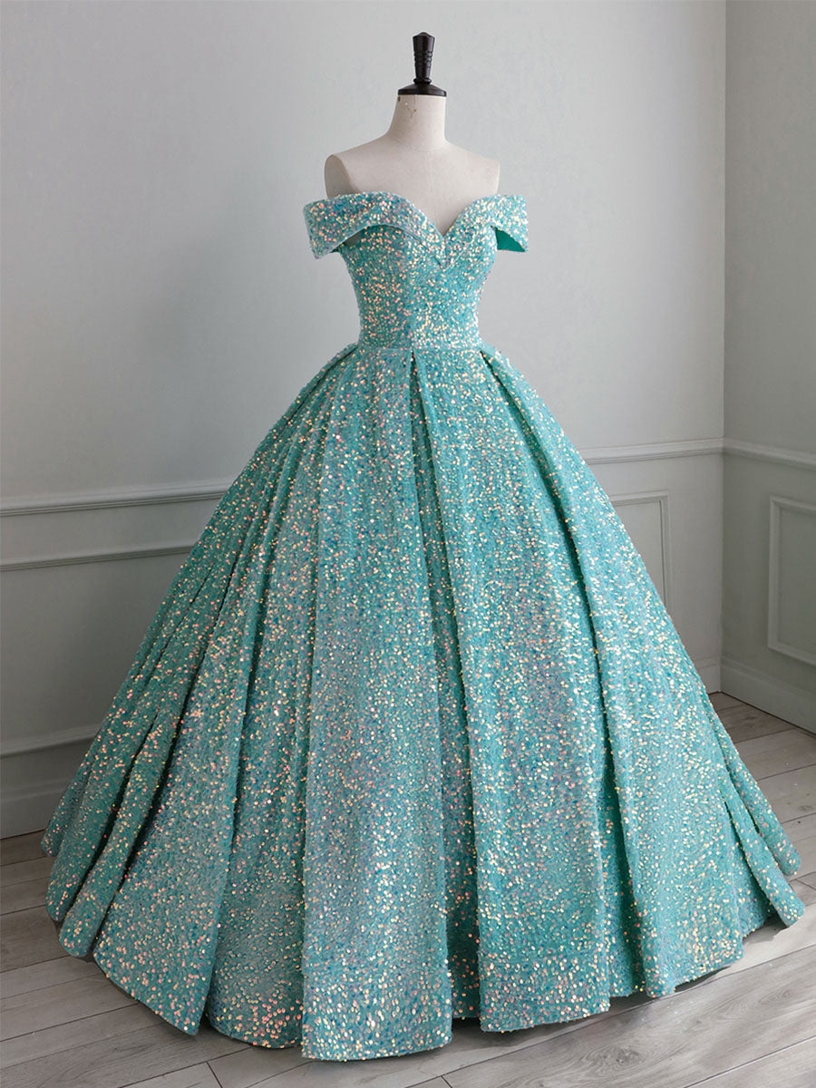 Glitter Green Ball Gown Off The Shoulder Quinceanera Dress Formal Dress - DollyGown