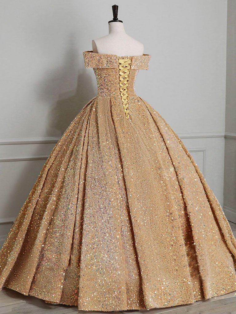 Glitter Gold Ball Gown Off The Shoulder Quinceanera Dress Formal Dress - DollyGown