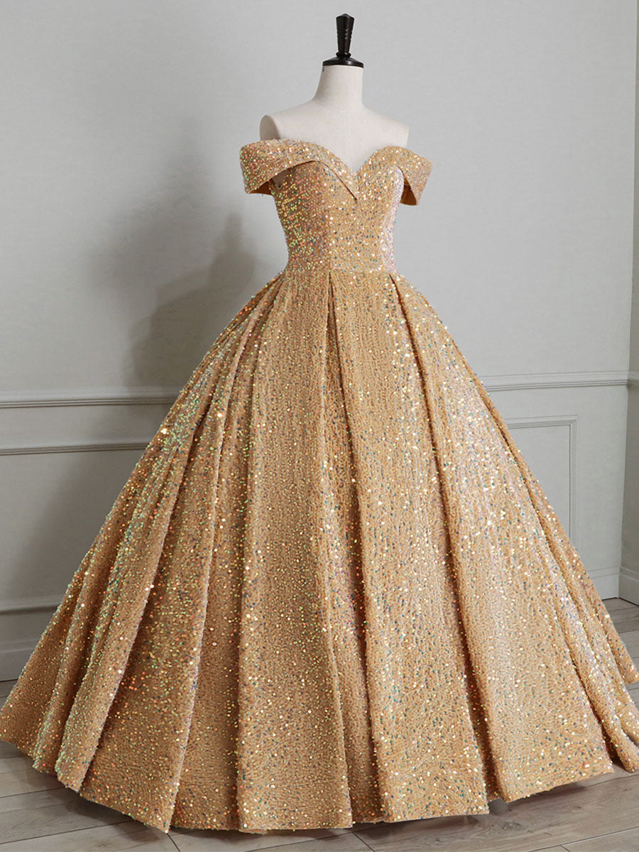 Glitter Gold Ball Gown Off The Shoulder Quinceanera Dress Formal Dress
