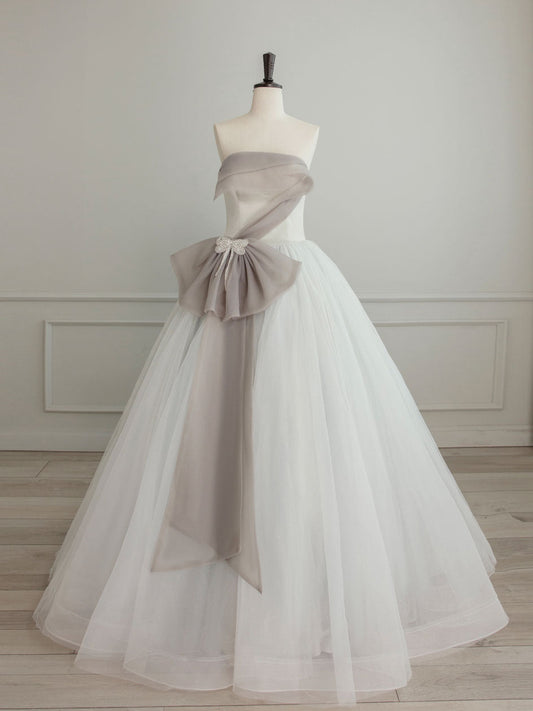 Strapless Asymmetrical White/Grey Contrast Wedding Dress - DollyGown