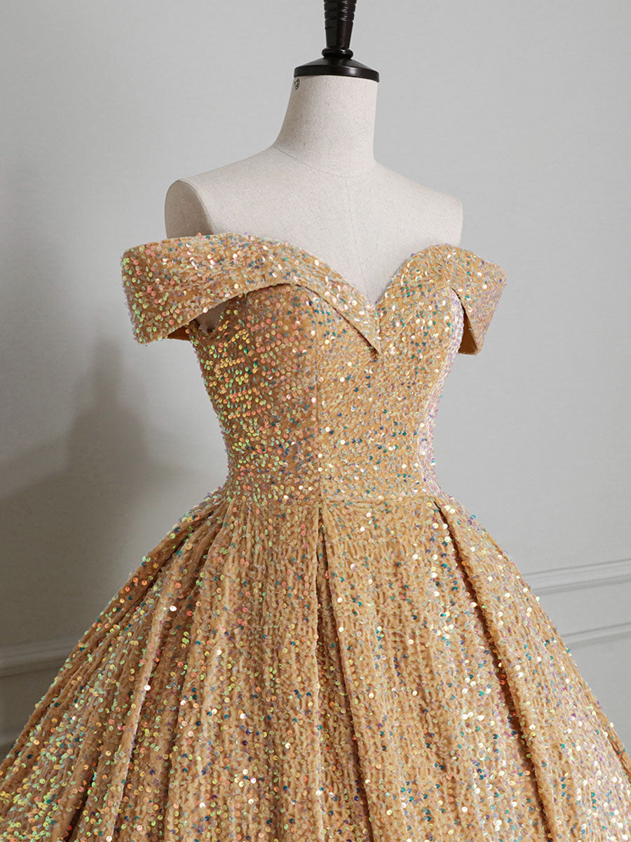 Glitter Gold Ball Gown Off The Shoulder Quinceanera Dress Formal Dress - DollyGown
