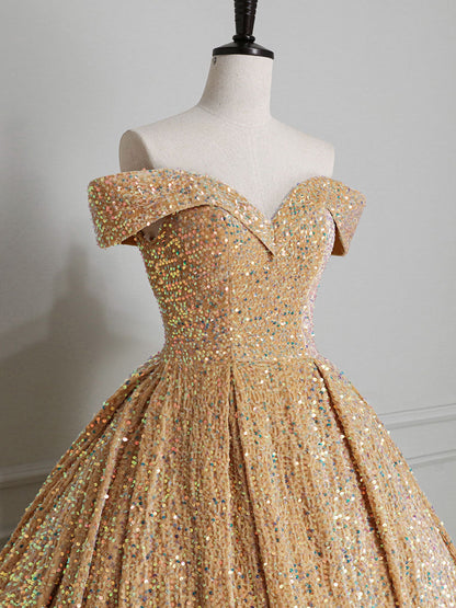 Glitter Gold Ball Gown Off The Shoulder Quinceanera Dress Formal Dress - DollyGown