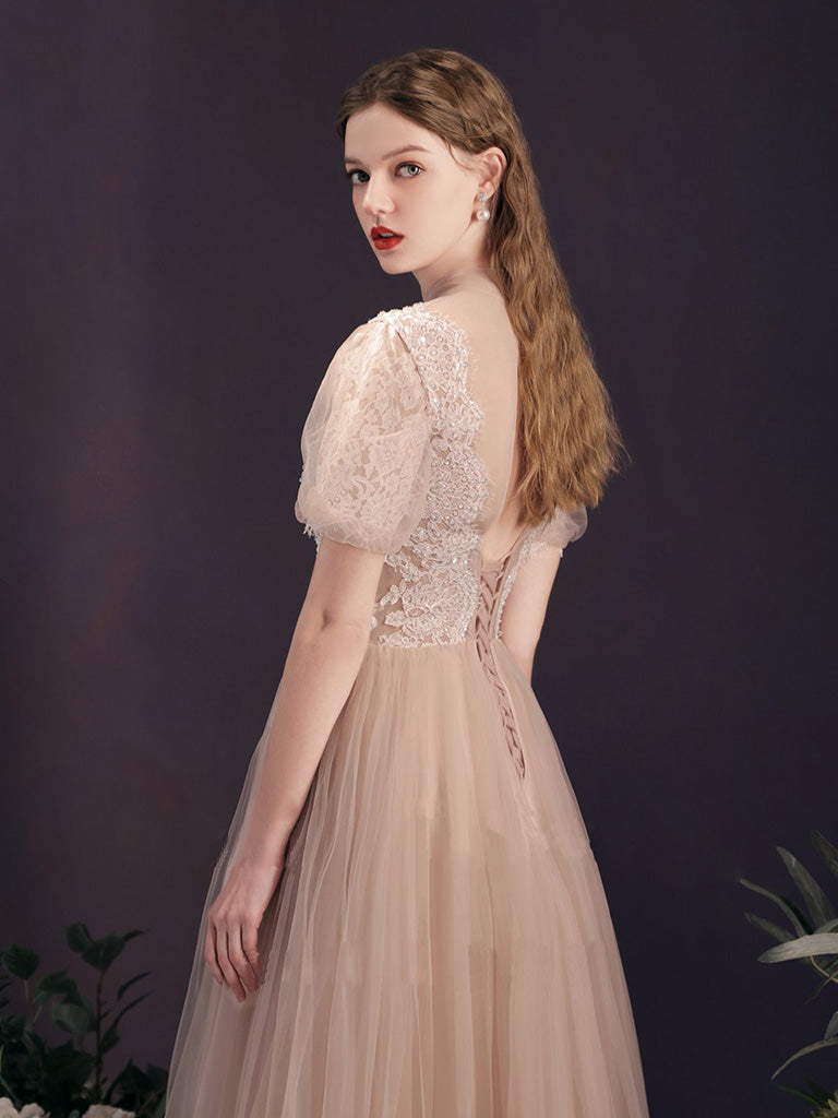 Modest See Through Sheer Prom Dress with Short Sleeves Modest See Through Sheer Prom Dress with Short Sleeves