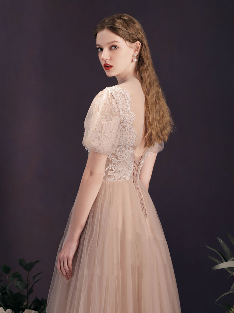 Modest See Through Sheer Prom Dress with Short Sleeves - DollyGown