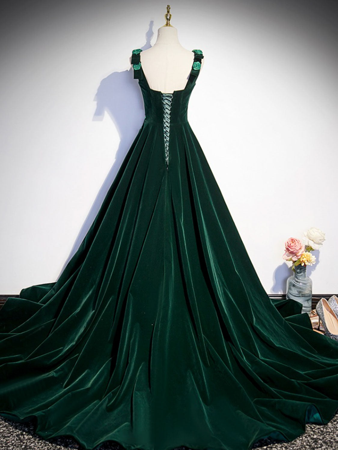 Emerald Green Velvet Rose Straps A-line Prom Dress - DollyGown