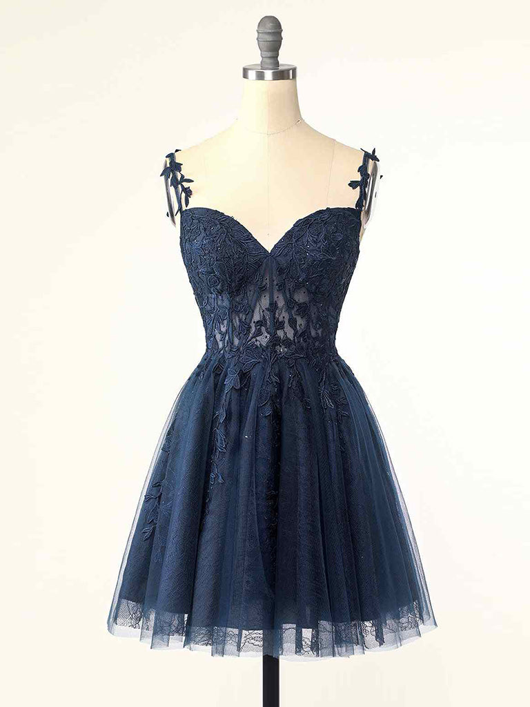 Spaghetti Strap Lace Sheer Top Navy Blue Short Prom Dress Homecoming Dress - DollyGown