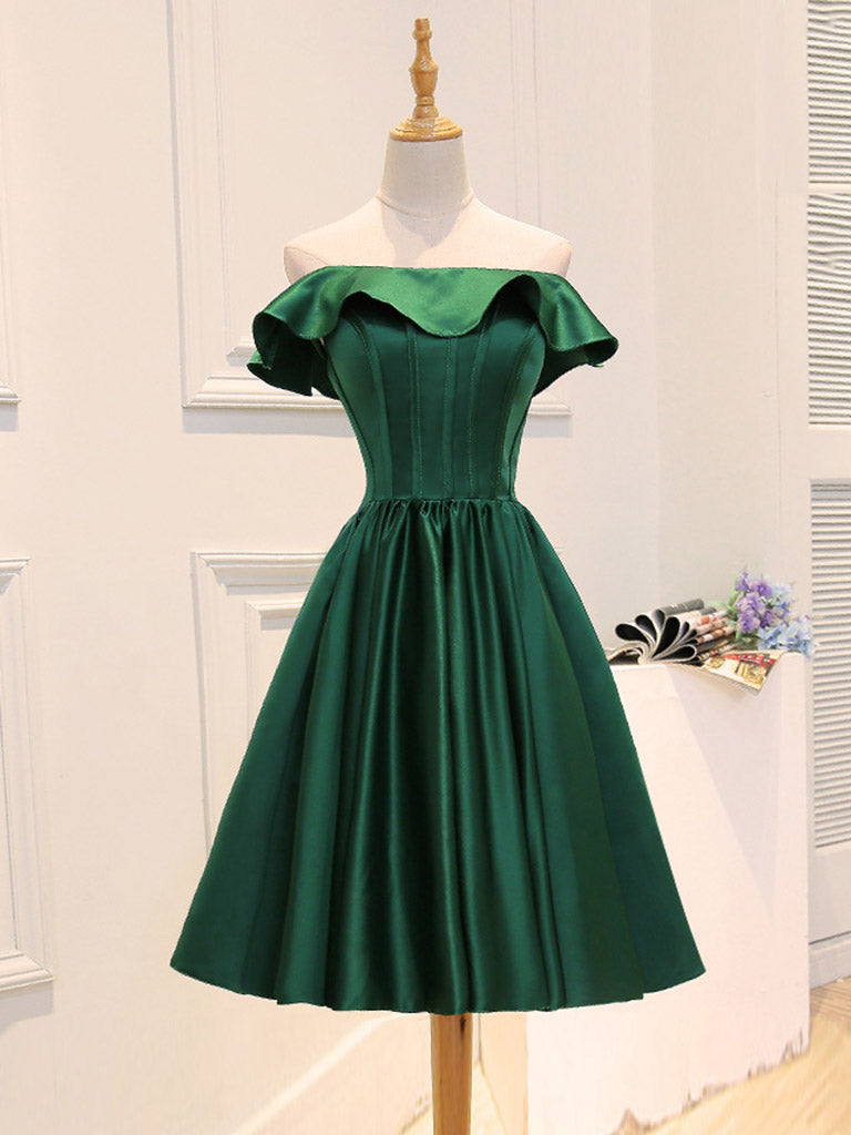 Emerald Green Off The Shouder Satin Boned Short Bridesmaid Dresses Prom Dress - DollyGown
