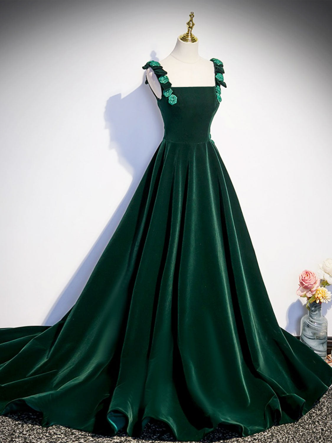 Emerald Green Velvet Rose Straps A-line Prom Dress - DollyGown