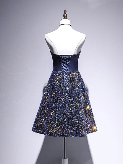 Navy Blue Sparkly Sequins 8th Grade Formal Homecoming Dress Graduation Dress - DollyGown