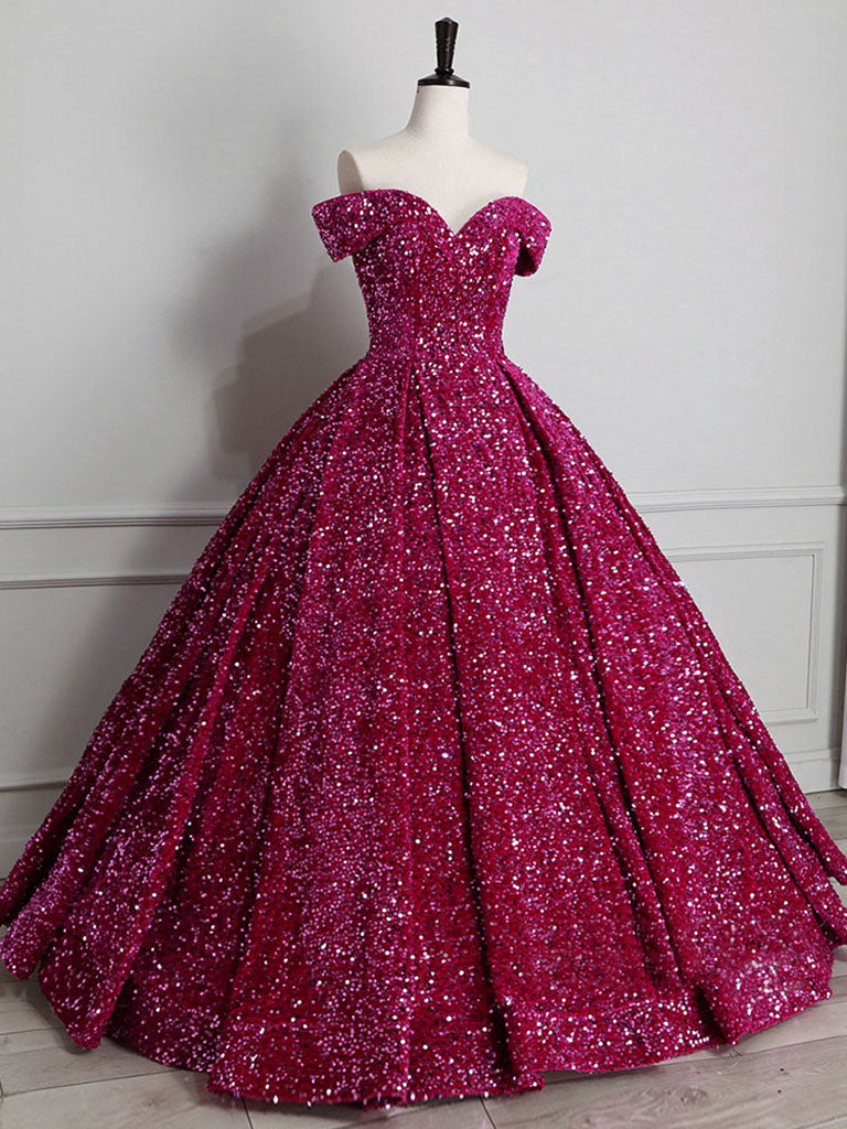Glitter Burgundy Ball Gown Off The Shoulder Quinceanera Dress Formal Dress - DollyGown