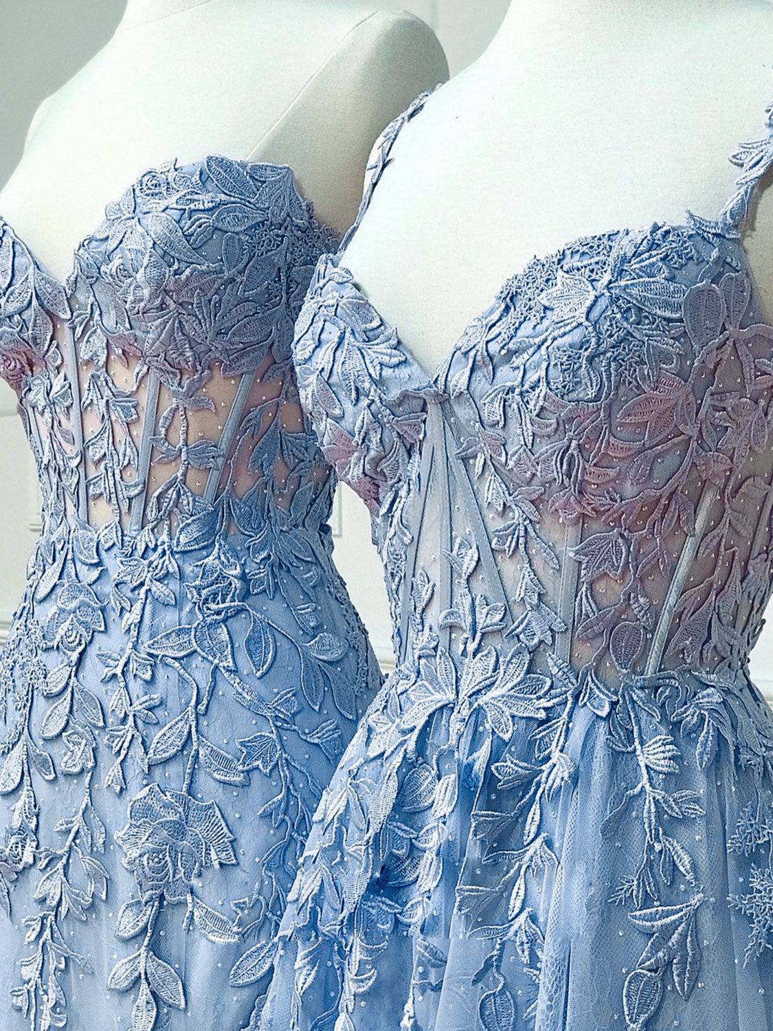 Dusty Blue See Through Sheer Lace Prom Dress - DollyGown