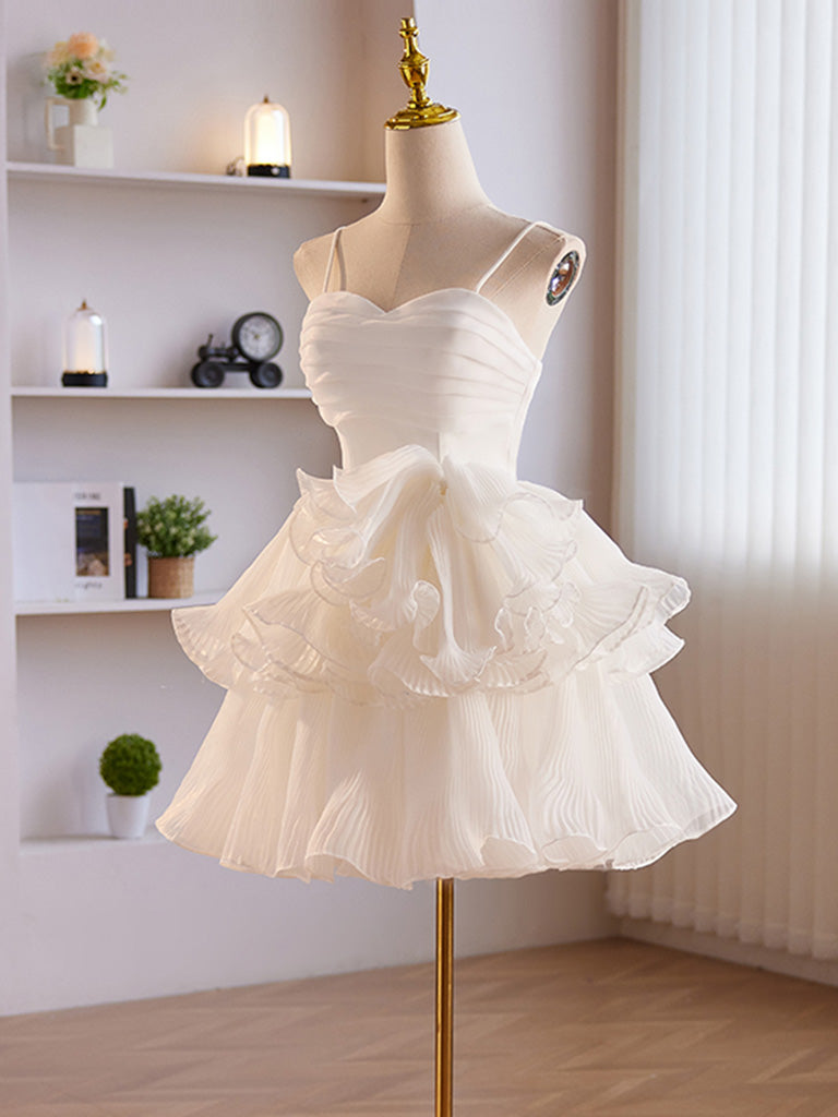 Adorable Spaghetti Strap Organza Tiered Short White Homecoming Dress Formal Dress - DollyGown