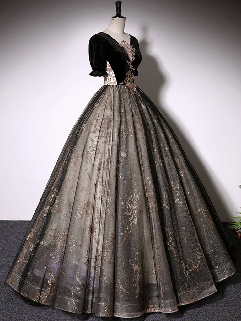 Black Half Sleeved Masquerade Ball Gown Quinceanera Dress Prom Dress - DollyGown
