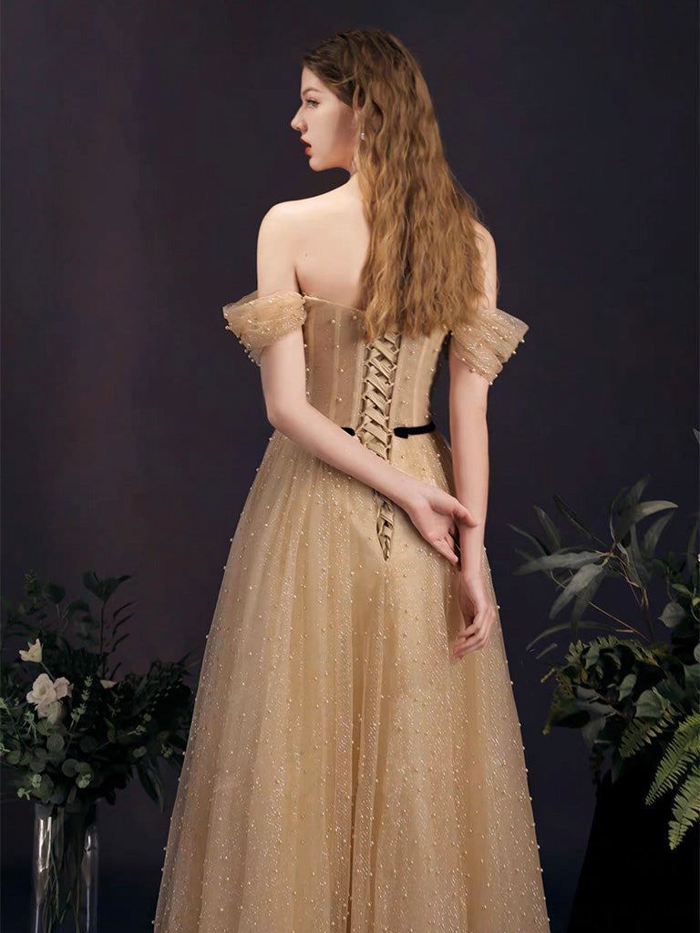 Off the Shoulder Illusion Champagne Prom Dress with Black Belt Off the Shoulder Illusion Champagne Prom Dress with Black Belt