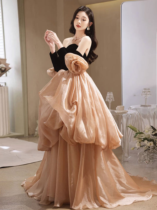Strapless Champagne Bubble Skirt Long Prom Dress - DollyGown