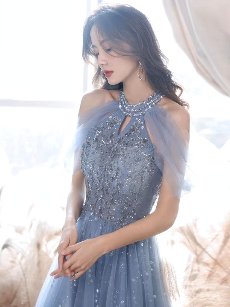 Dusty Blue Halter Neck Off The Shoulder Lace Top Evening Dress - DollyGown