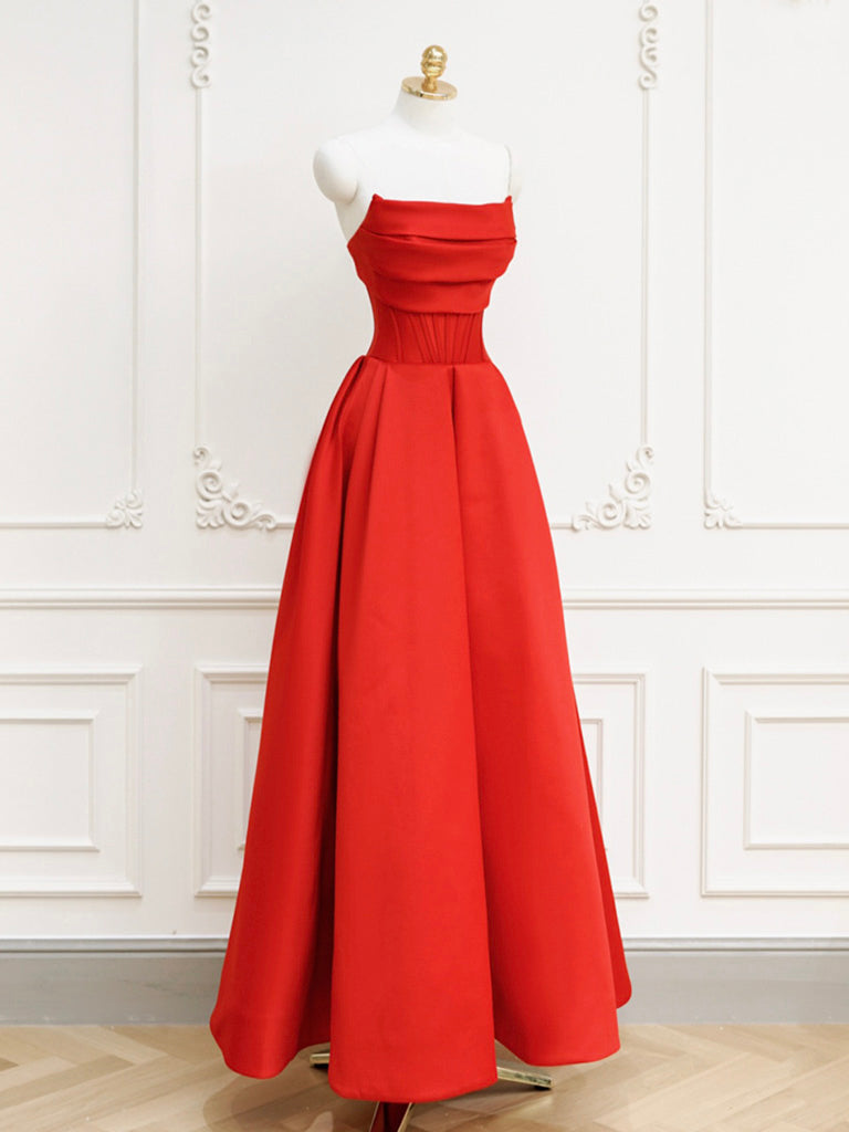 Simple Red Satin Maxi A-line Prom Dress - DollyGown