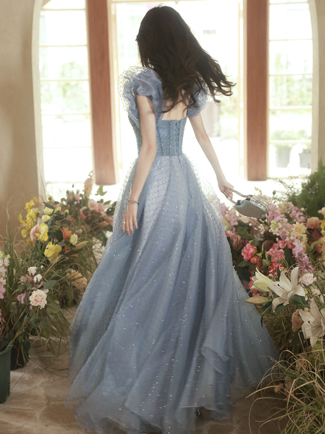 Glitter Cap Sleeve Princess A-line Grey Formal Dress Prom Dress - DollyGown