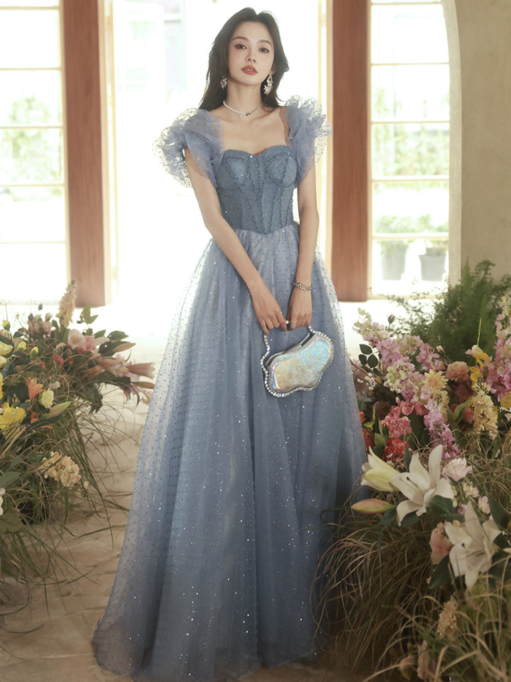 Glitter Cap Sleeve Princess A-line Grey Formal Dress Prom Dress - DollyGown