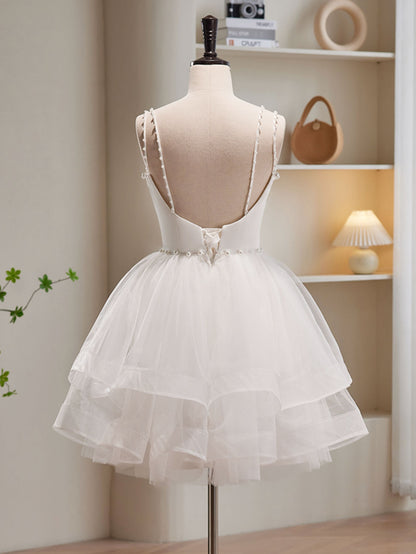 Cute Tiered White Short Homecoming Dress Formal Dress - DollyGown