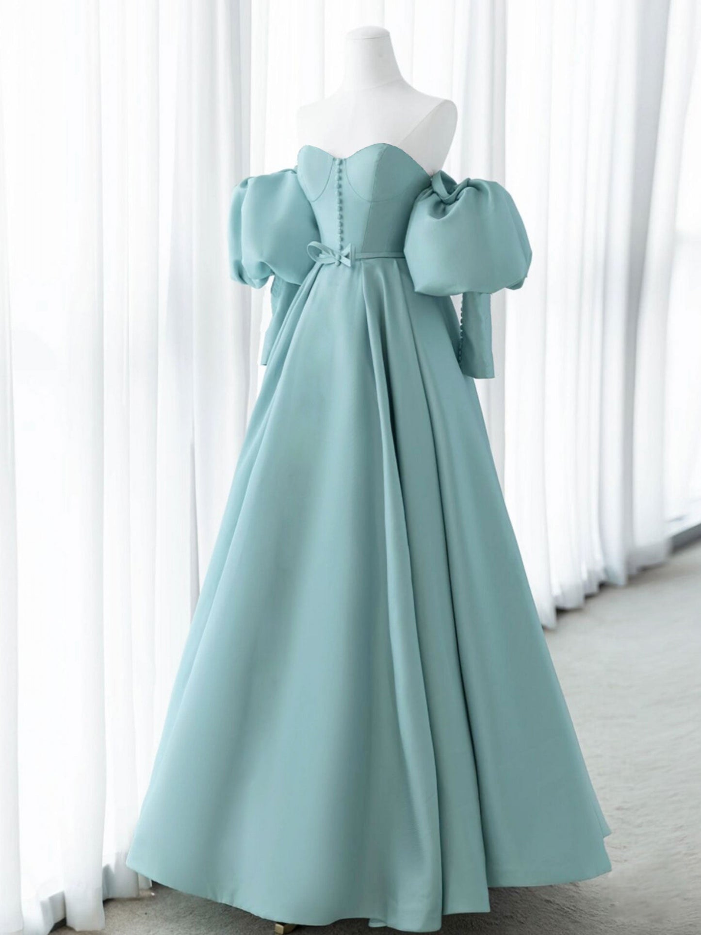 Stylish Off The Shoulder Sweetheart Satin Ball Gown with Long Sleeves - DollyGown
