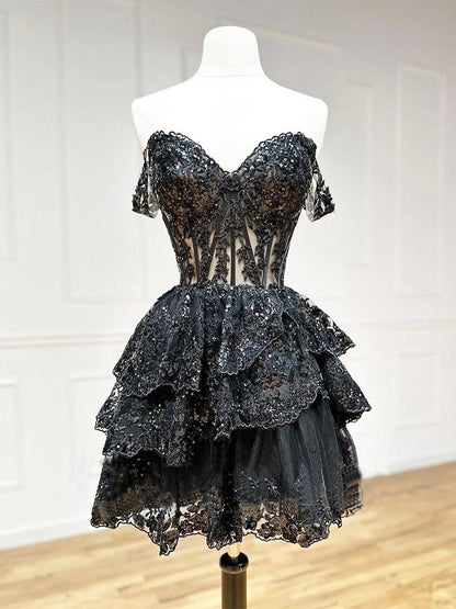 See Through Black Lace Tiered Homecoming Dress - DollyGown