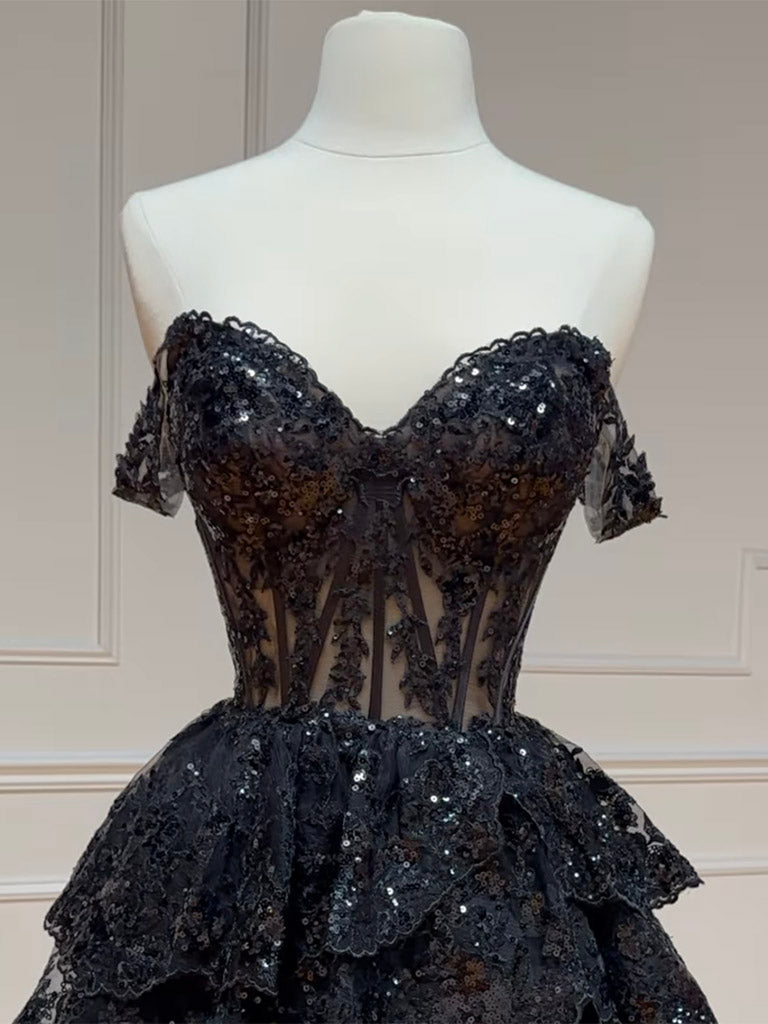See Through Black Lace Tiered Homecoming Dress