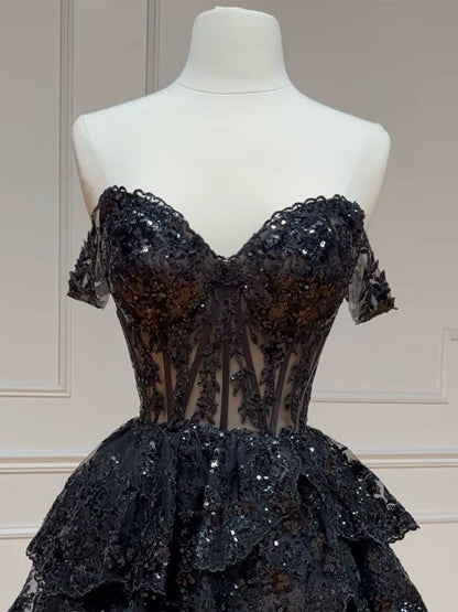 See Through Black Lace Tiered Homecoming Dress - DollyGown