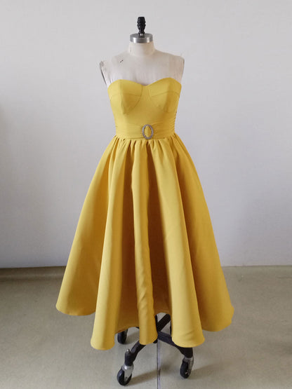 Strapless Yellow Calf Length Prom Dress Bridesmaid Dresses - DollyGown