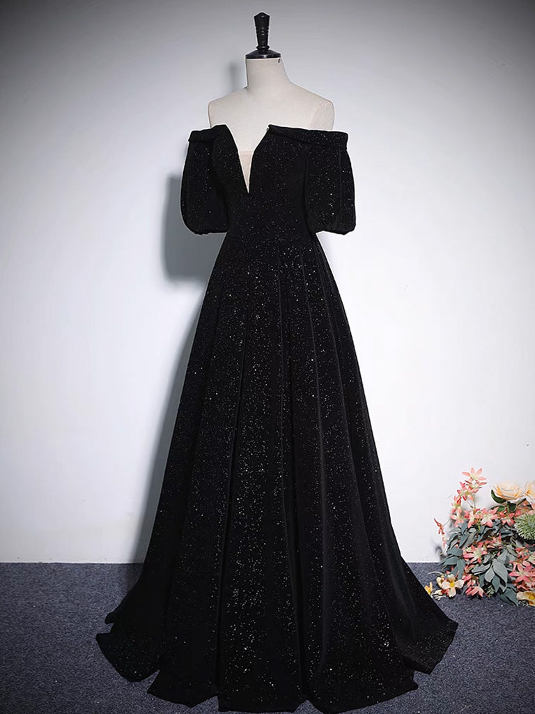 Black Off The Shoulder Velvet Evening Dress Prom Dress - DollyGown