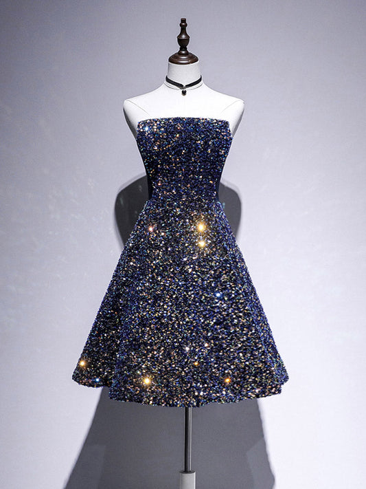 Navy Blue Sparkly Sequins 8th Grade Formal Homecoming Dress Graduation Dress - DollyGown
