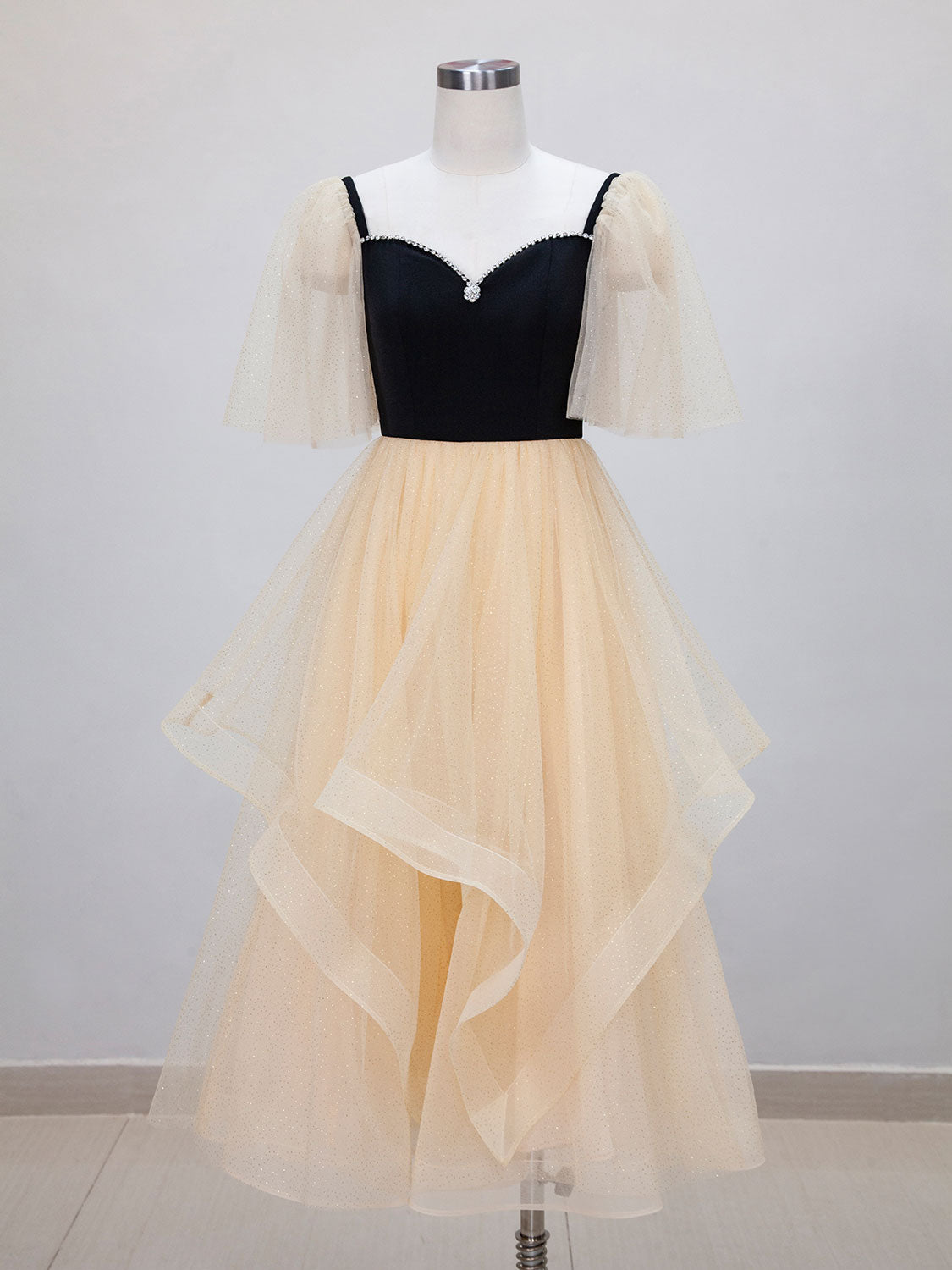 Black Top Champagne Bottom Tea Length Prom Dress - DollyGown