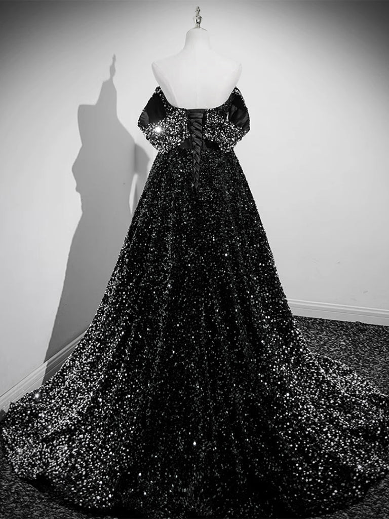 Black Sequins Off The Shoulder A-line Prom Dress - DollyGown