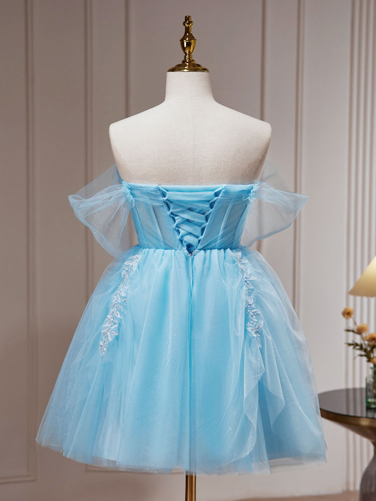 light blue dress for juniors Spaghetti Straps A Line Multi-Layers Party Dresses Ivory Appliqued Blue Tulle Prom Dresses ARD2471