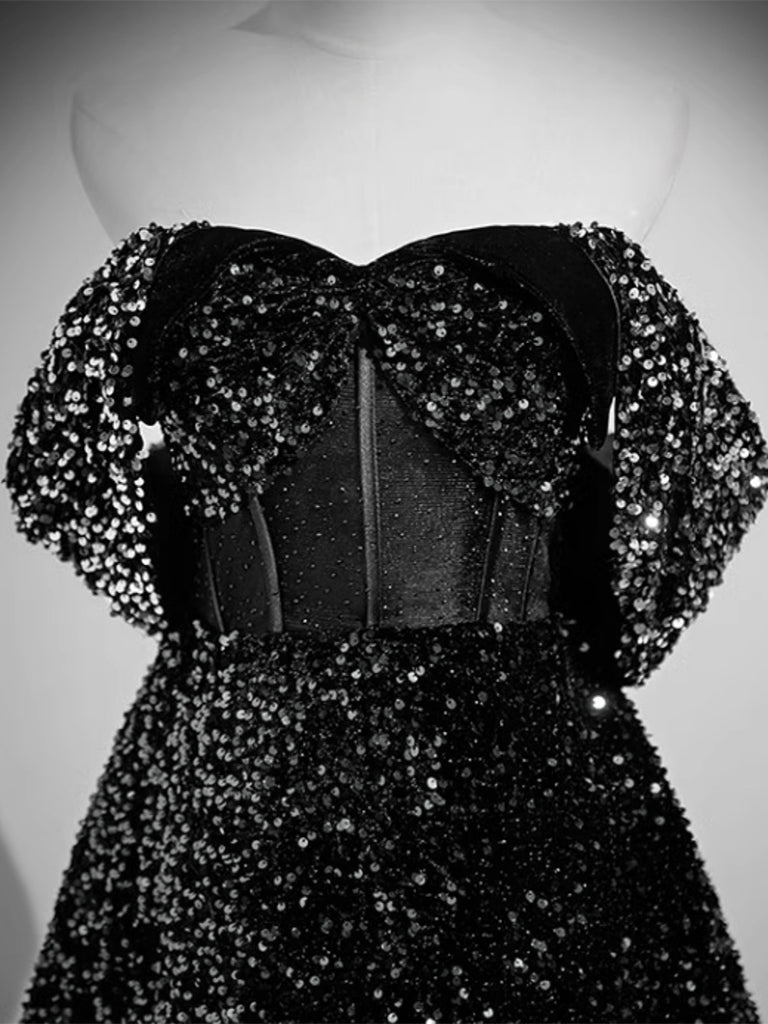 Black Sequins Off The Shoulder A-line Prom Dress - DollyGown