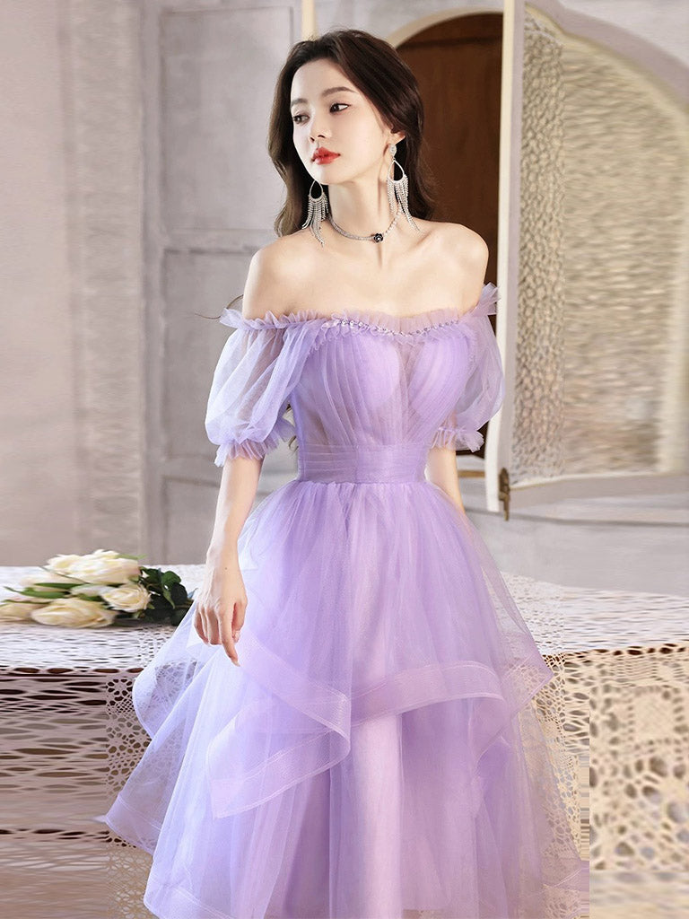 Off The Shoulder Ruffle Lavender Sheer Homecoming Dress