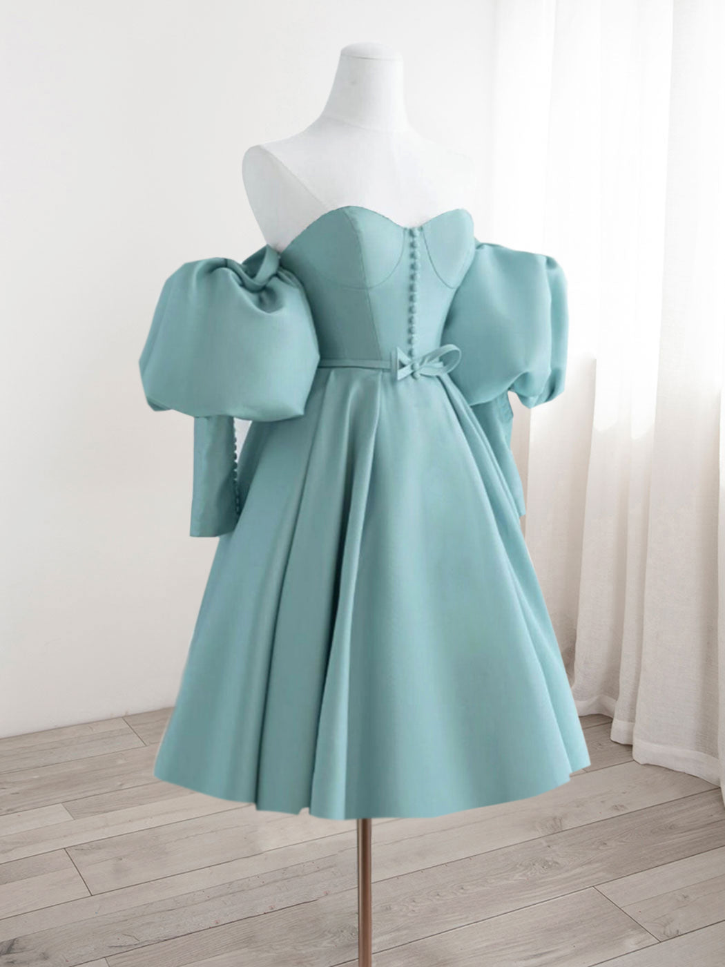 Pale Teal Off The Shoulder Short Prom Dress with Bubble Sleeves
