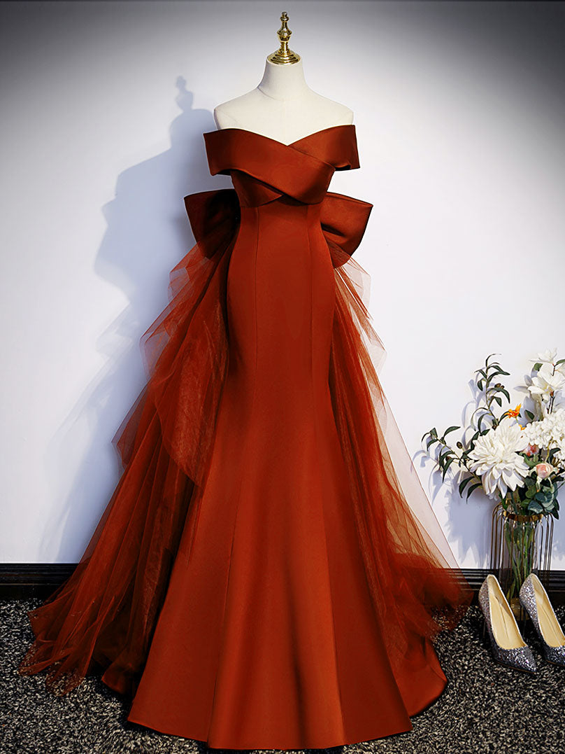 Overlap Neck Off The Shoulder Red Mermaid Formal Dress - DollyGown