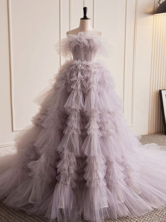 Dusty Purple Strapless Puffy Tiered Formal Dress Prom Dress - DollyGown