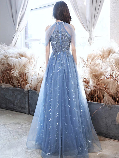 Dusty Blue Halter Neck Off The Shoulder Lace Top Evening Dress - DollyGown
