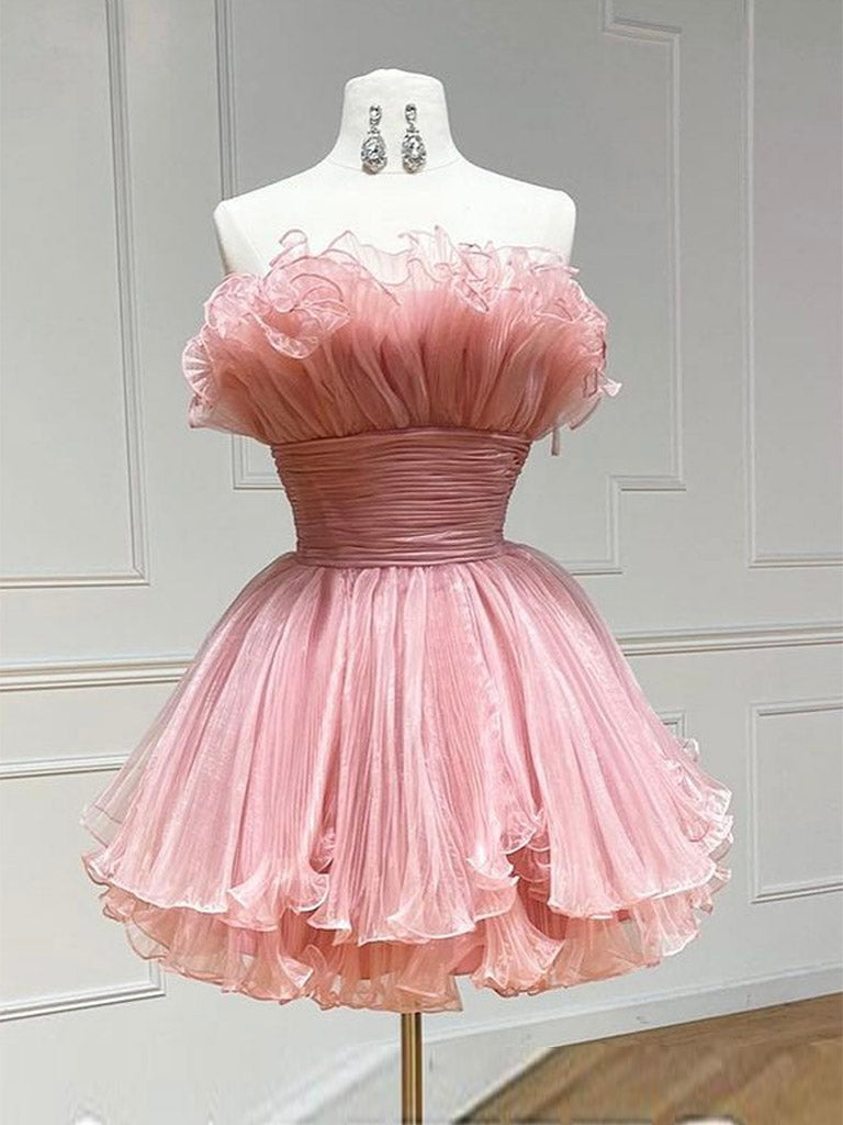 Cute Strapless Ruffle Neck Short Homecoming Dress