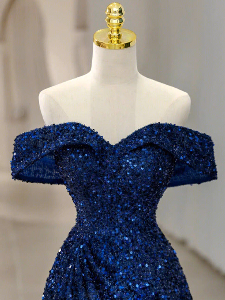 Classic A-line Off the Shoulder Blue Sequins Prom Dress - DollyGown