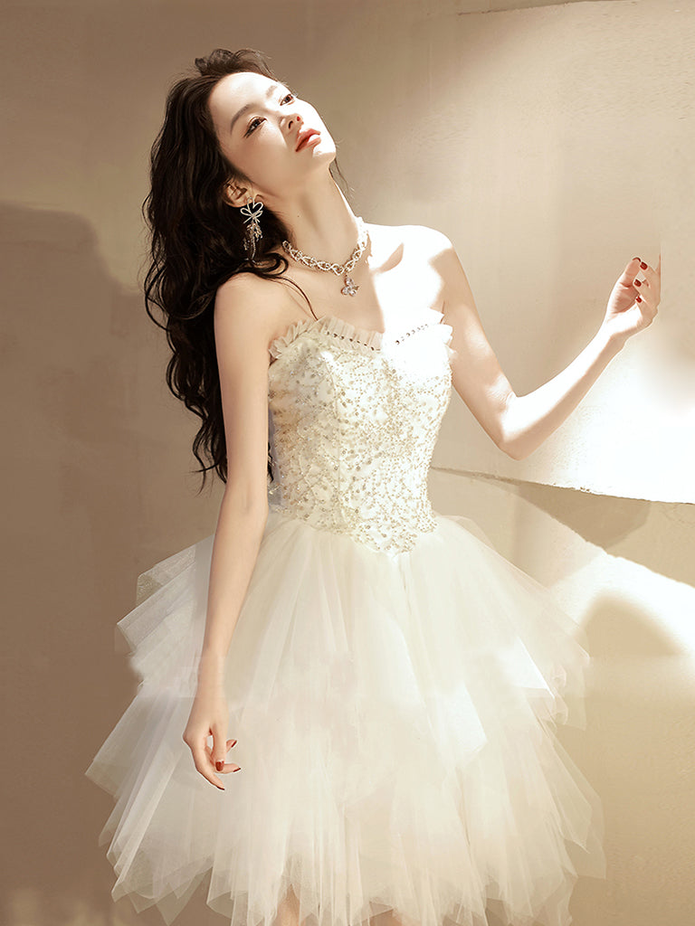 Asymmetrical Strapless Adorable White Homecoming Dress Asymmetrical Strapless Adorable White Homecoming Dress
