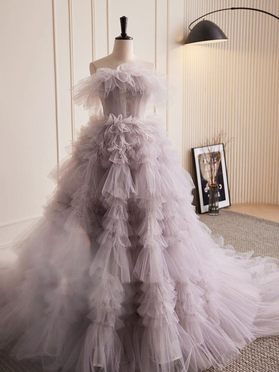 Dusty Purple Strapless Puffy Tiered Formal Dress Prom Dress - DollyGown